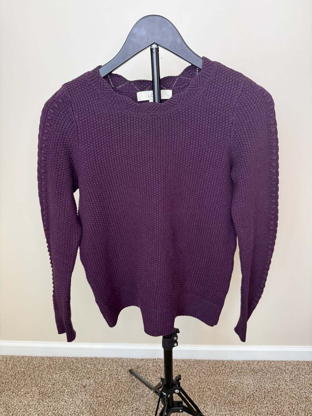 LOFT Purple Textured Knit Bobble Sleeve Crewneck Sweater Size S